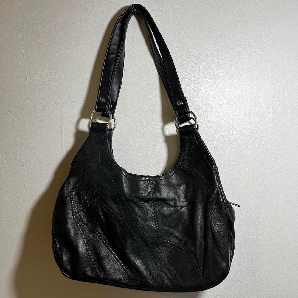 Y2K Style black leather patchwork shoulder bag with silver circle hardware